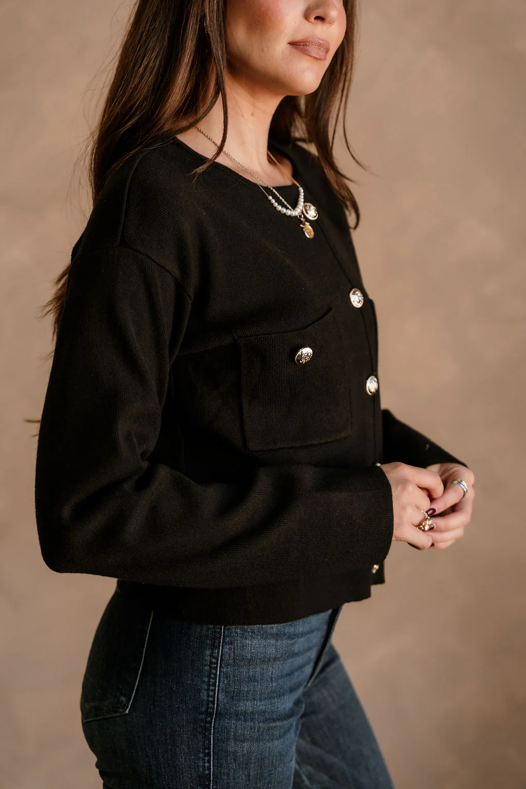 Delaney Black & Gold Button-Up Pocket Cardigan - Image 7
