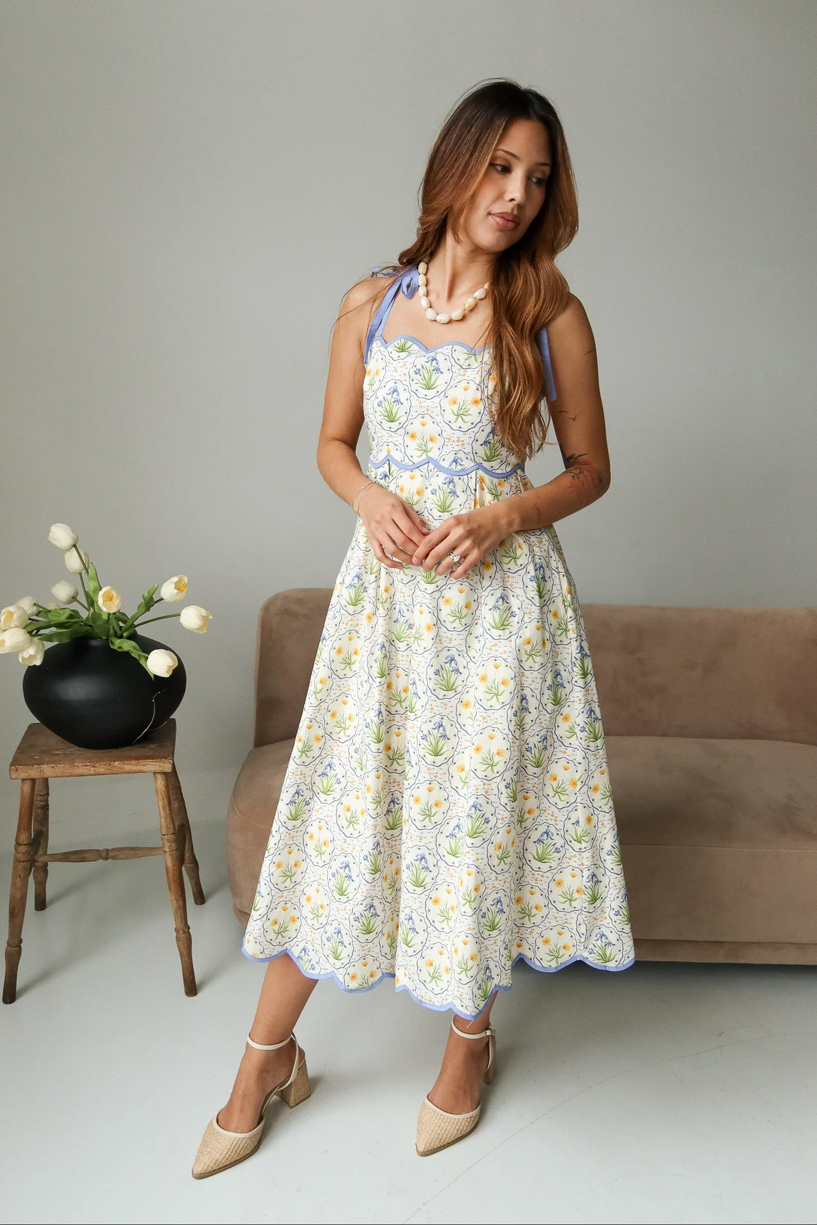 Delaney Blue Multi Floral Scallop Midi Dress