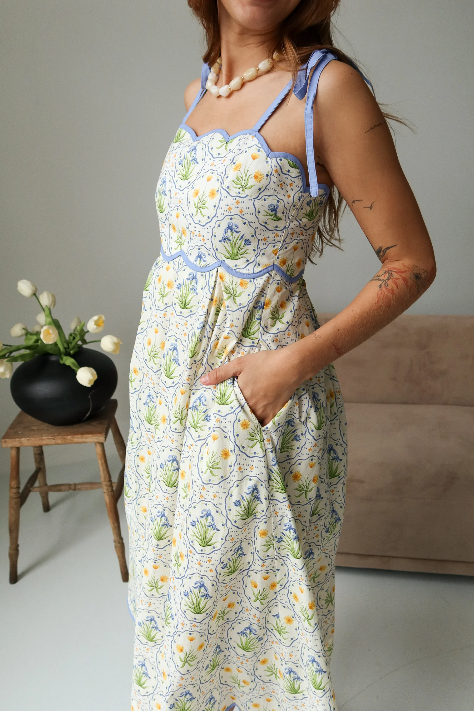 Delaney Blue Multi Floral Scallop Midi Dress - Image 3