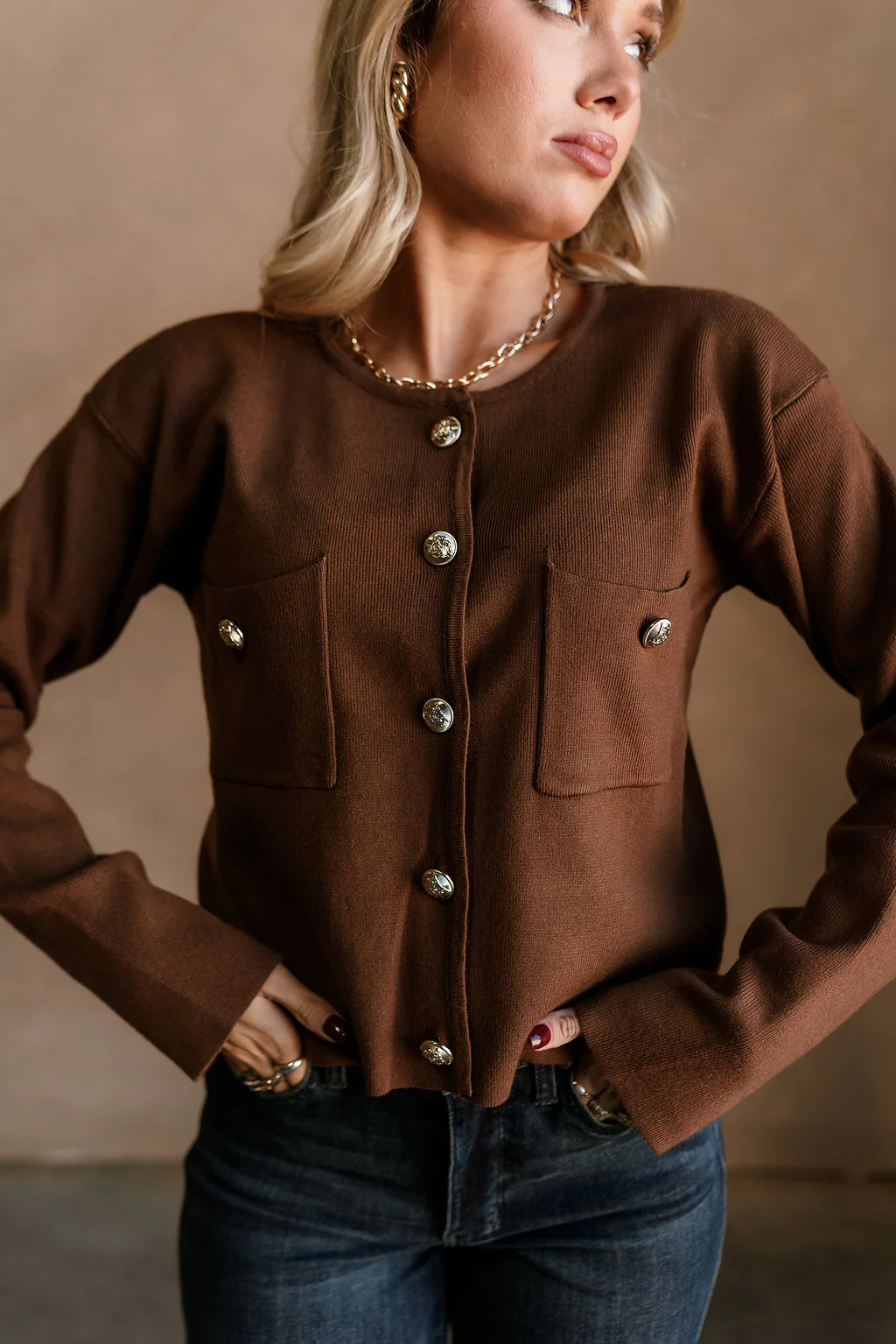 Delaney Brown & Gold Button-Up Pocket Cardigan