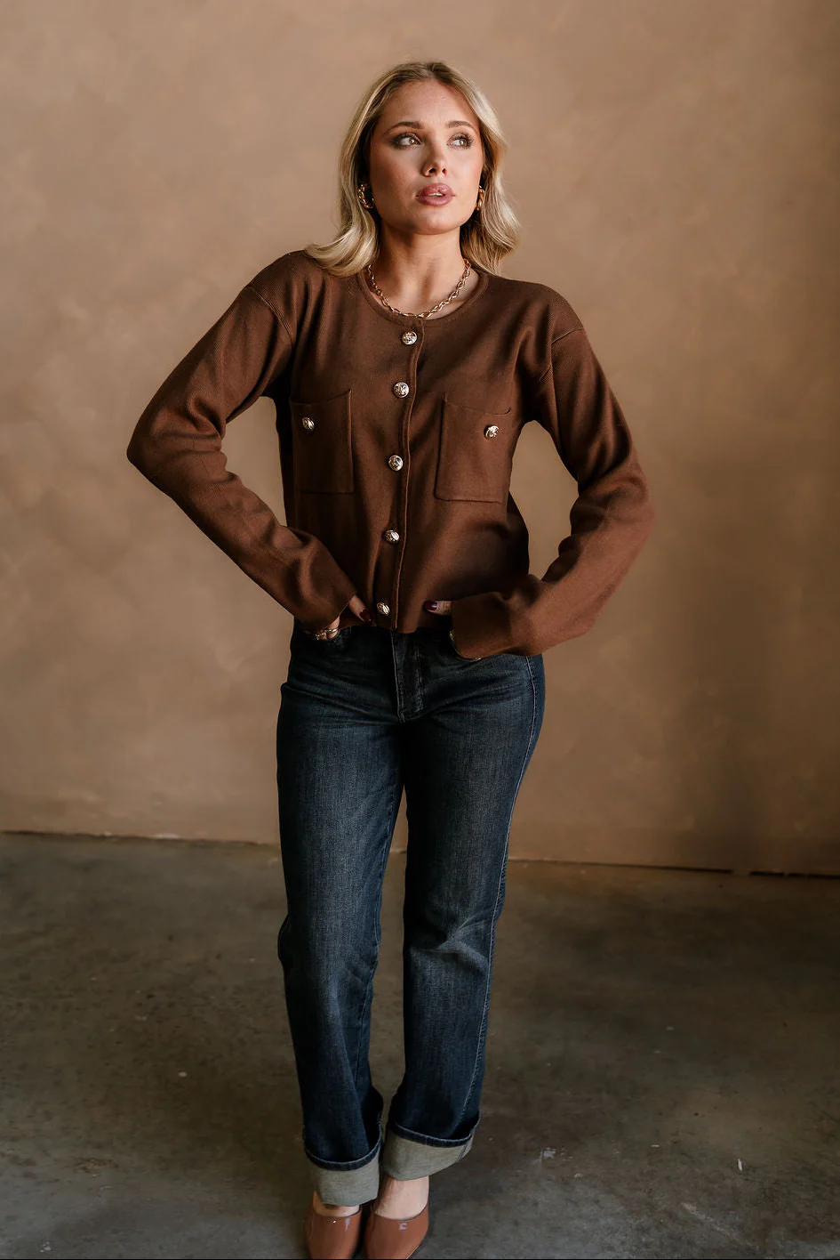 Delaney Brown & Gold Button-Up Pocket Cardigan - Image 2