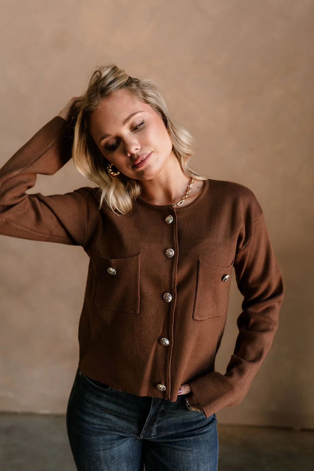 Delaney Brown & Gold Button-Up Pocket Cardigan - Image 4