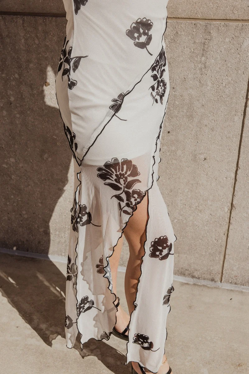 Delaney Cream & Black Floral Asymmetric Mesh Midi Dress - Image 4