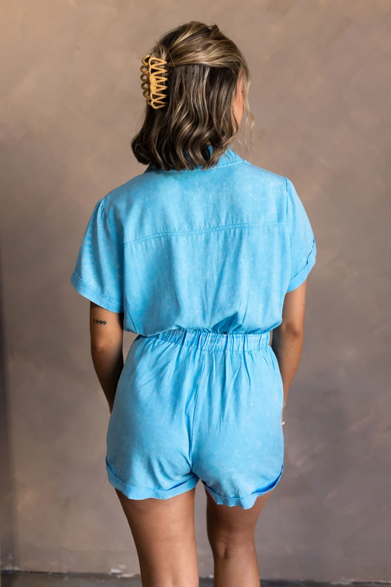 Delilah Washed Sky Blue Short Sleeve Romper - Image 11
