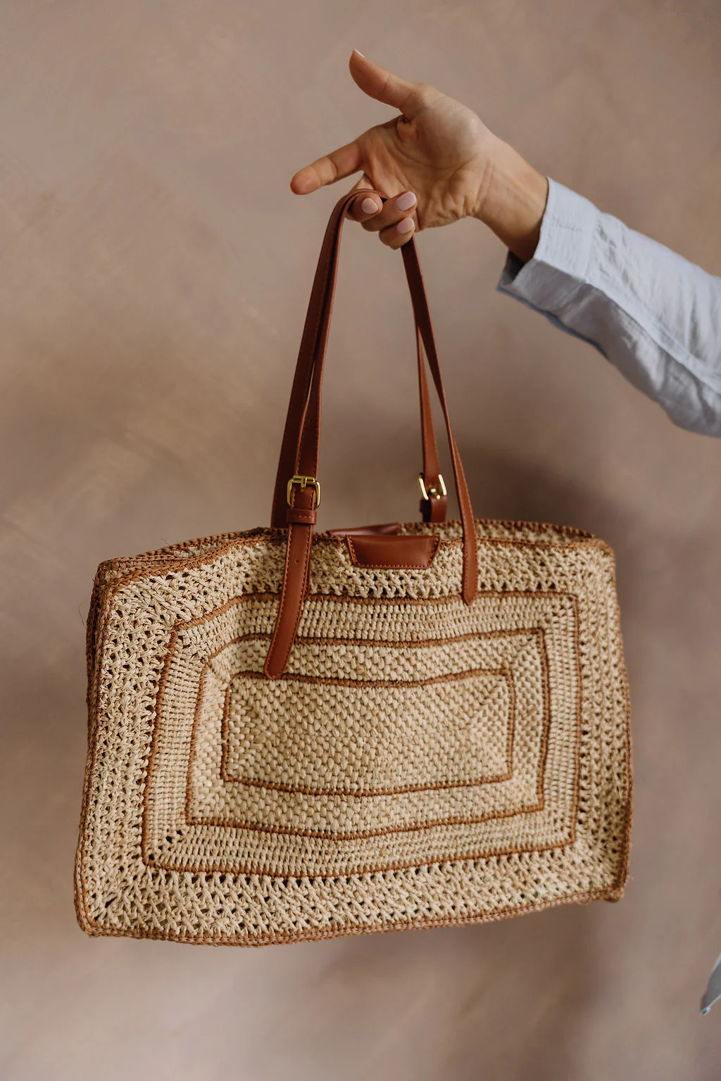 Demi Natural Straw & Cognac Shoulder Purse - Image 2
