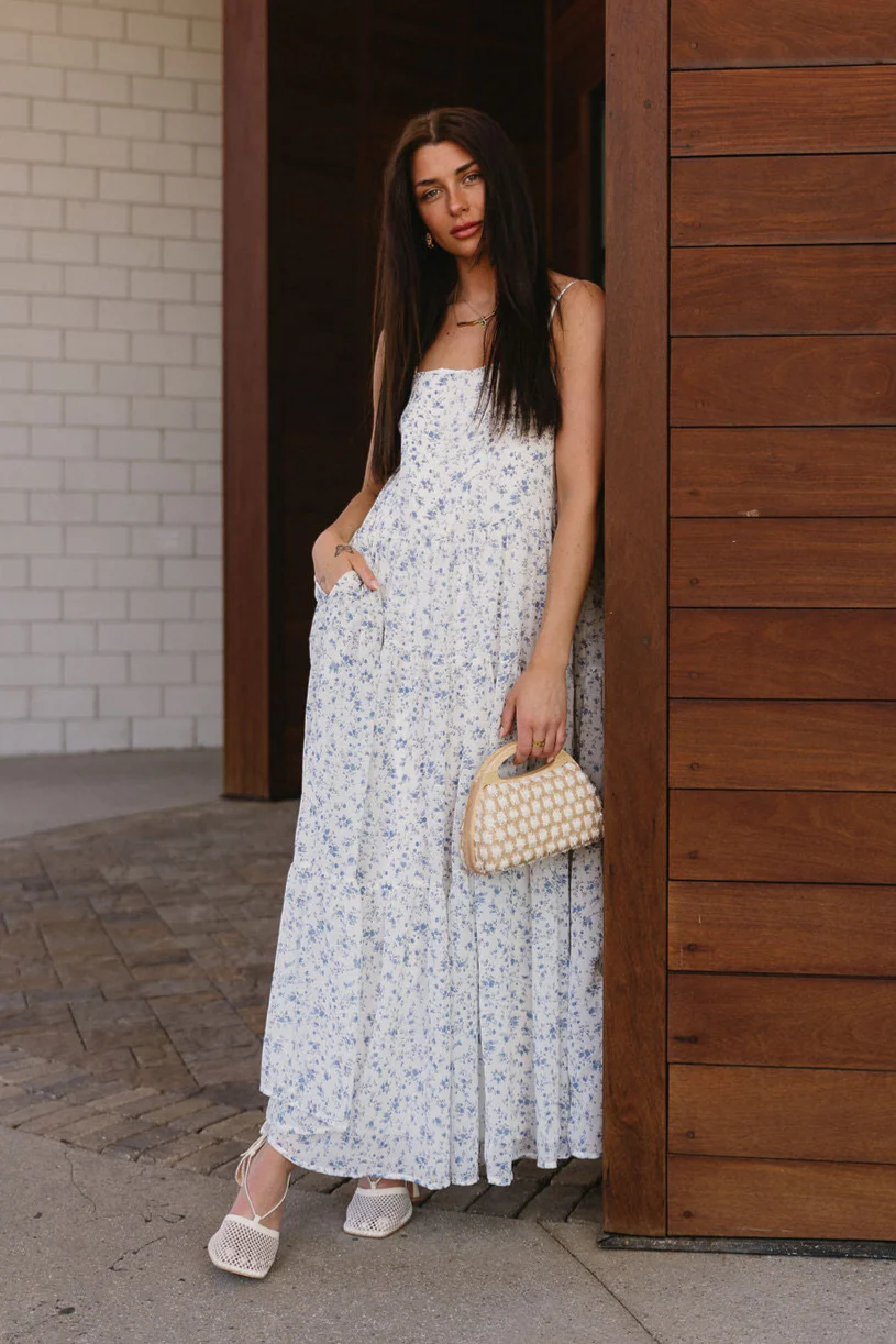 Demi White & Blue Floral Maxi Dress