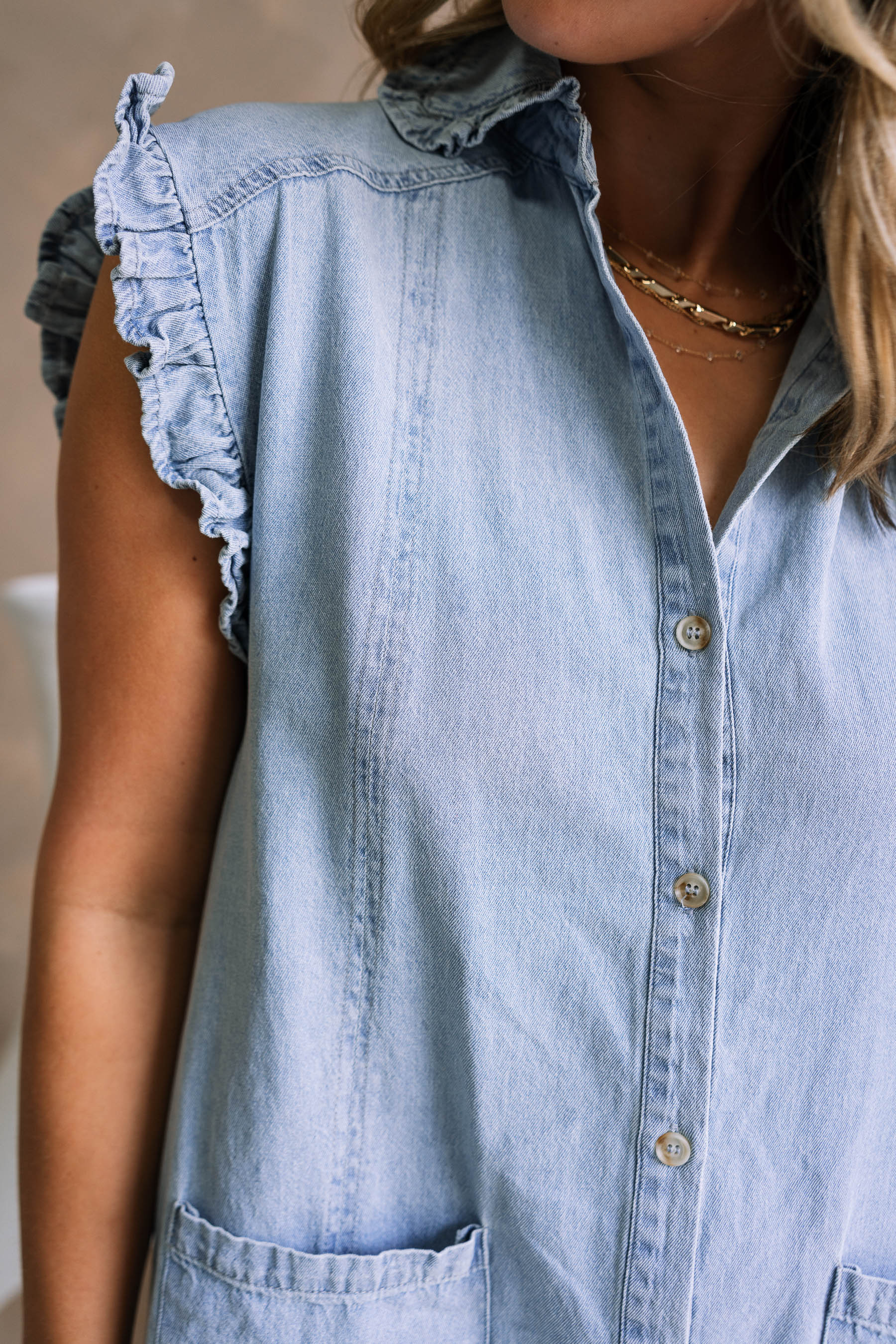 Denver Light Denim Ruffle Button-Up Mini Dress - Image 7