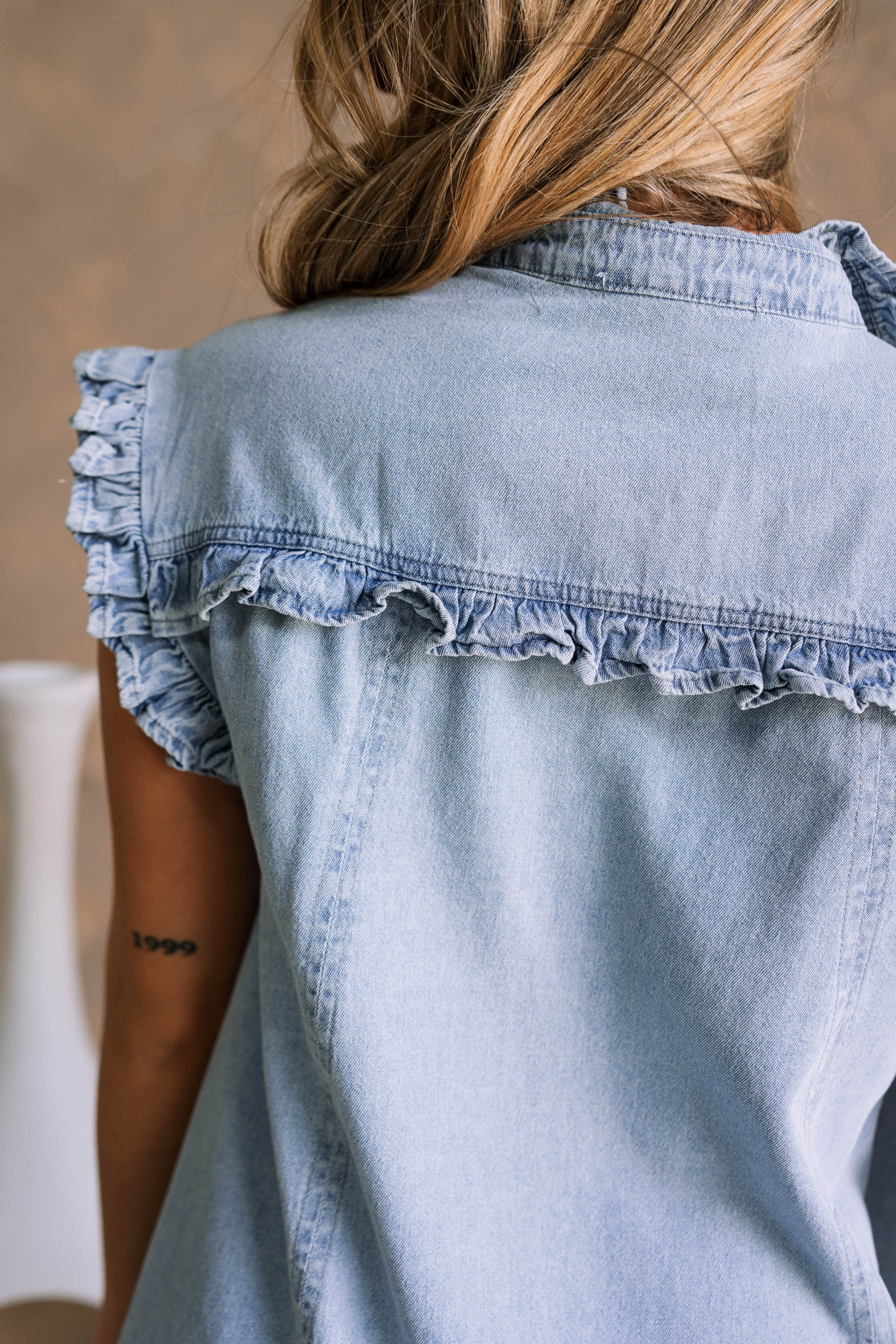 Denver Light Denim Ruffle Button-Up Mini Dress - Image 9