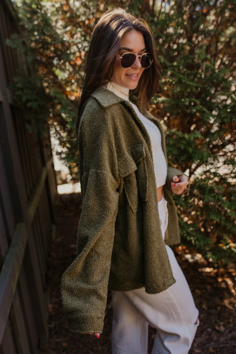 Destination Trip Teddy Shacket in Olive - Image 4