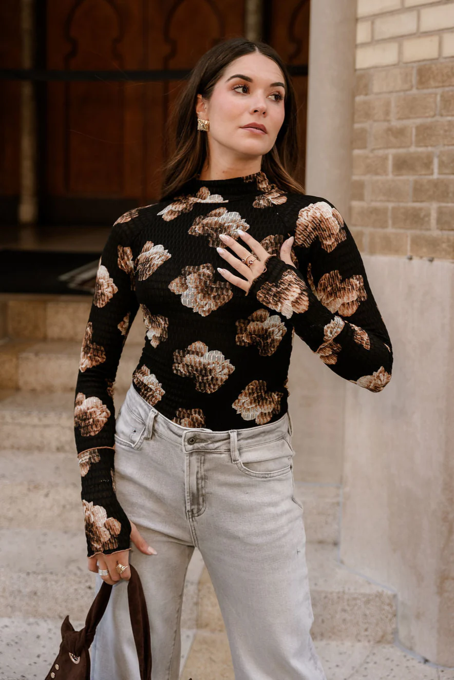 Destiny Black & Taupe Floral Smocked Top