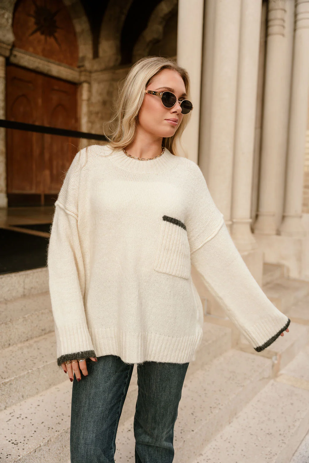 Destiny Cream & Charcoal Pocket Sweater