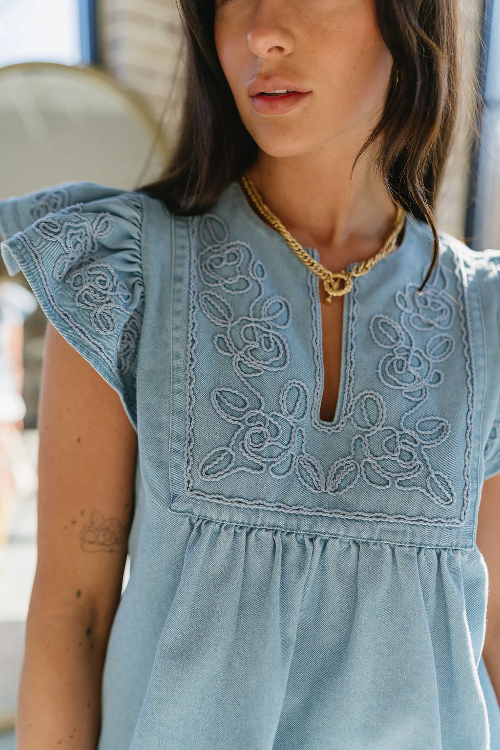 Destiny Denim Ruffle Short Sleeve Top