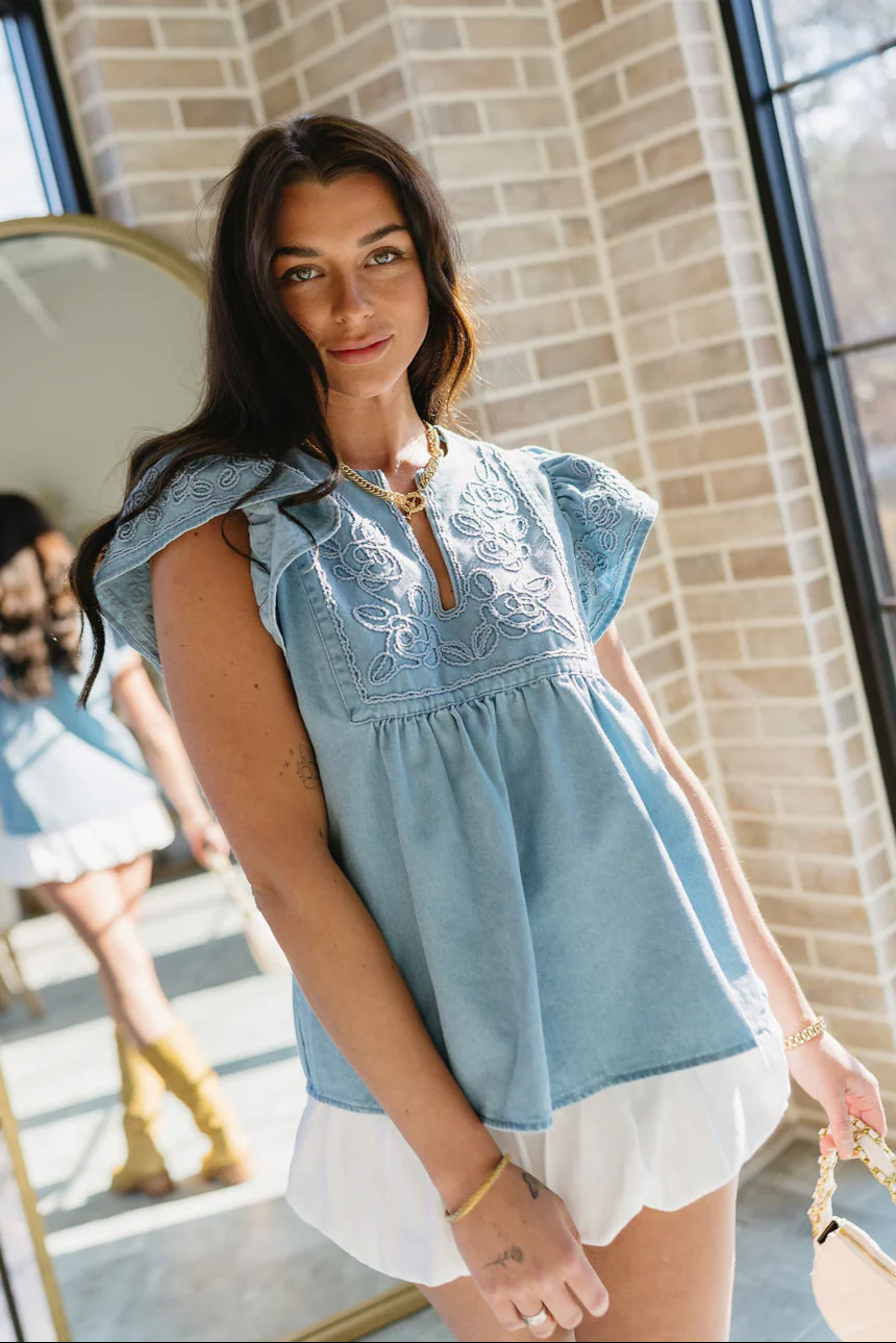 Destiny Denim Ruffle Short Sleeve Top - Image 2