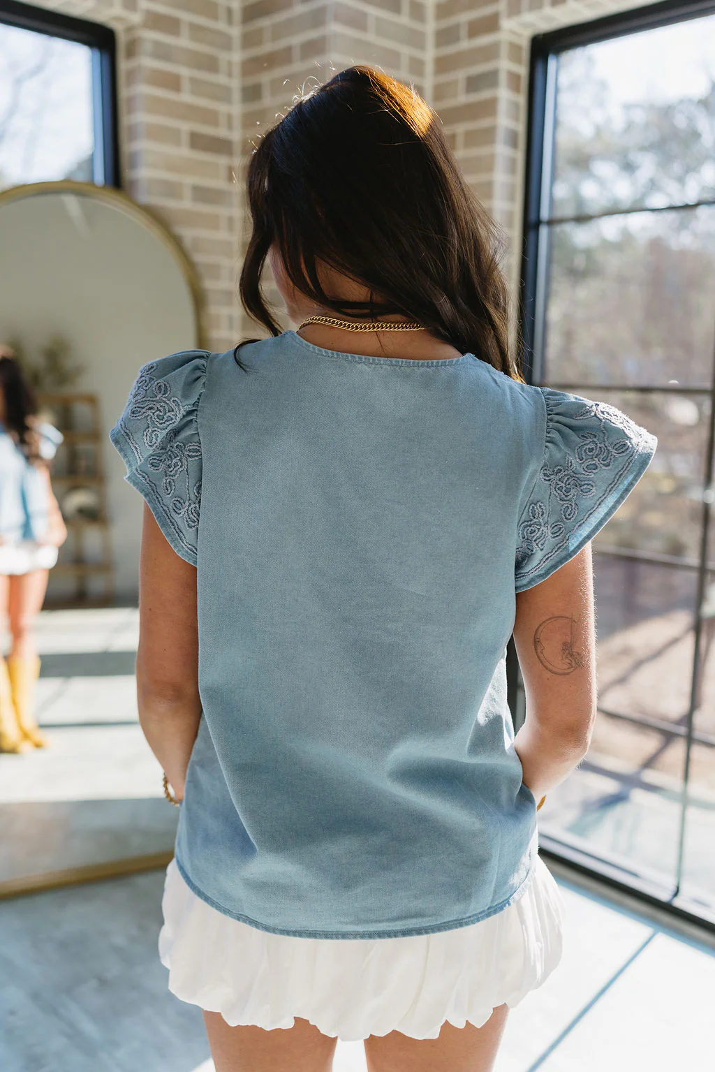 Destiny Denim Ruffle Short Sleeve Top - Image 4