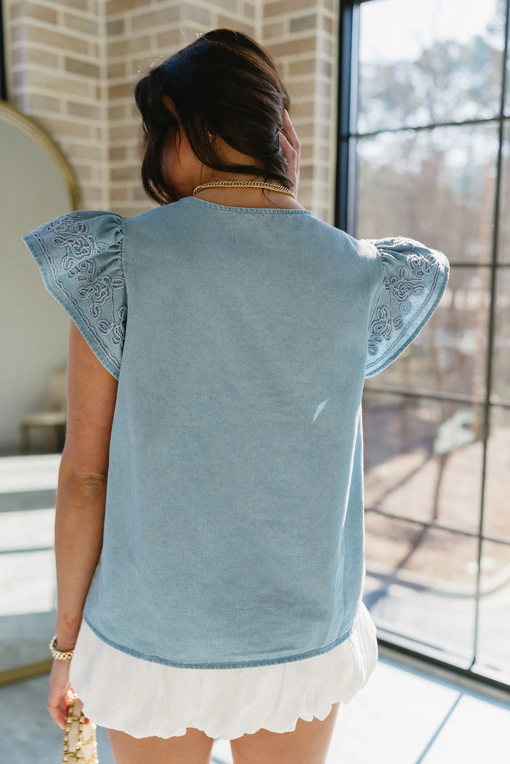 Destiny Denim Ruffle Short Sleeve Top - Image 7