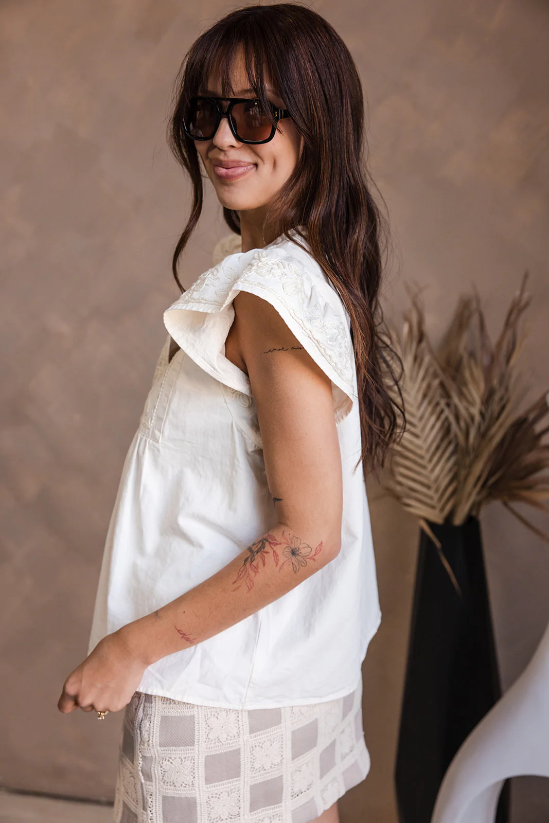 Destiny Ecru Denim Ruffle Short Sleeve Top - Image 4