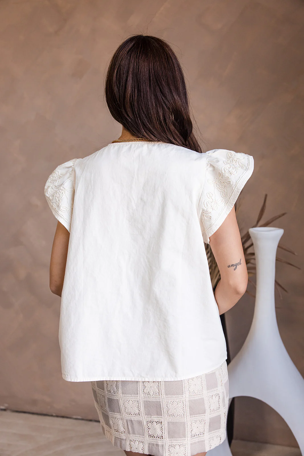 Destiny Ecru Denim Ruffle Short Sleeve Top - Image 5