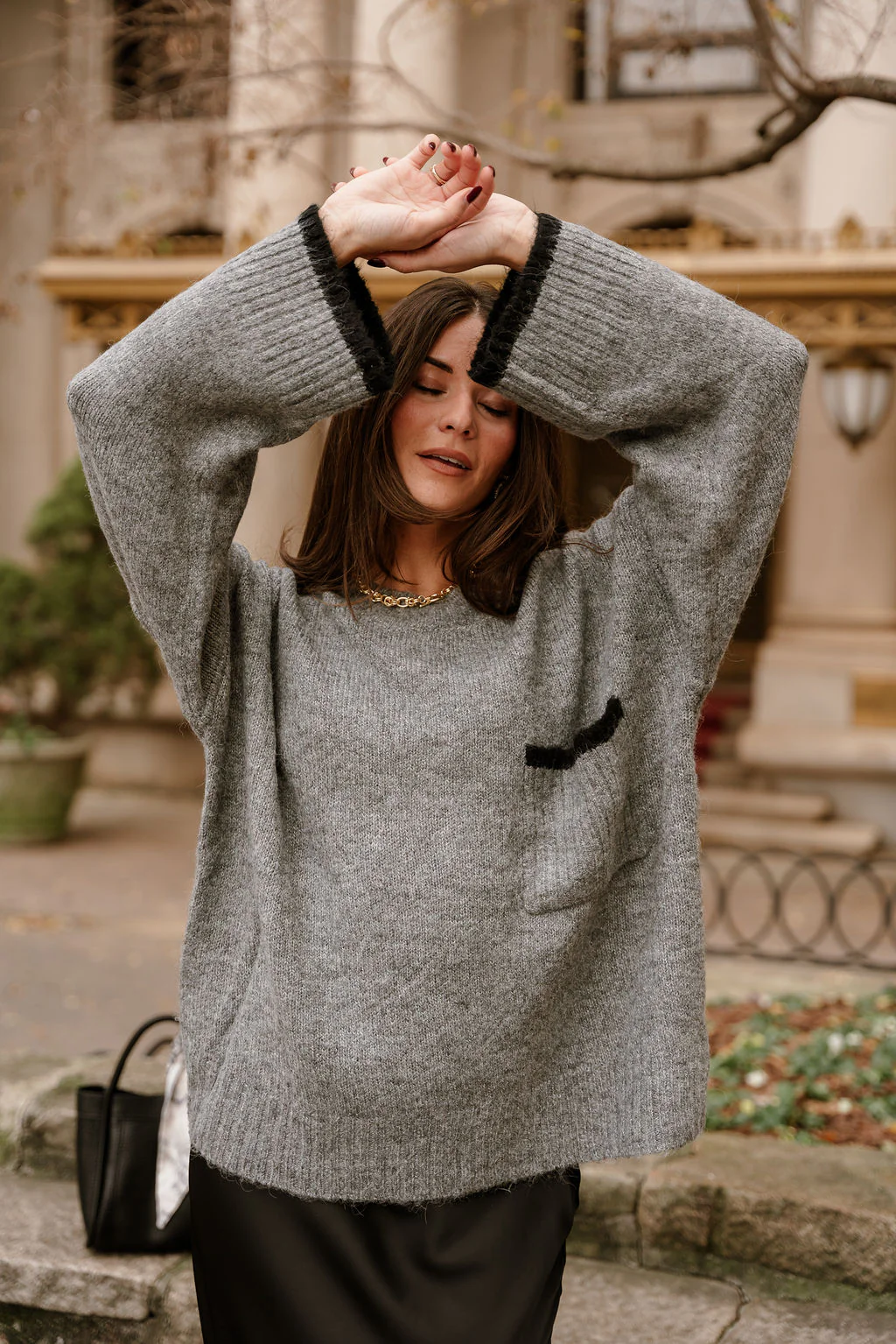 Destiny Grey & Black Pocket Sweater