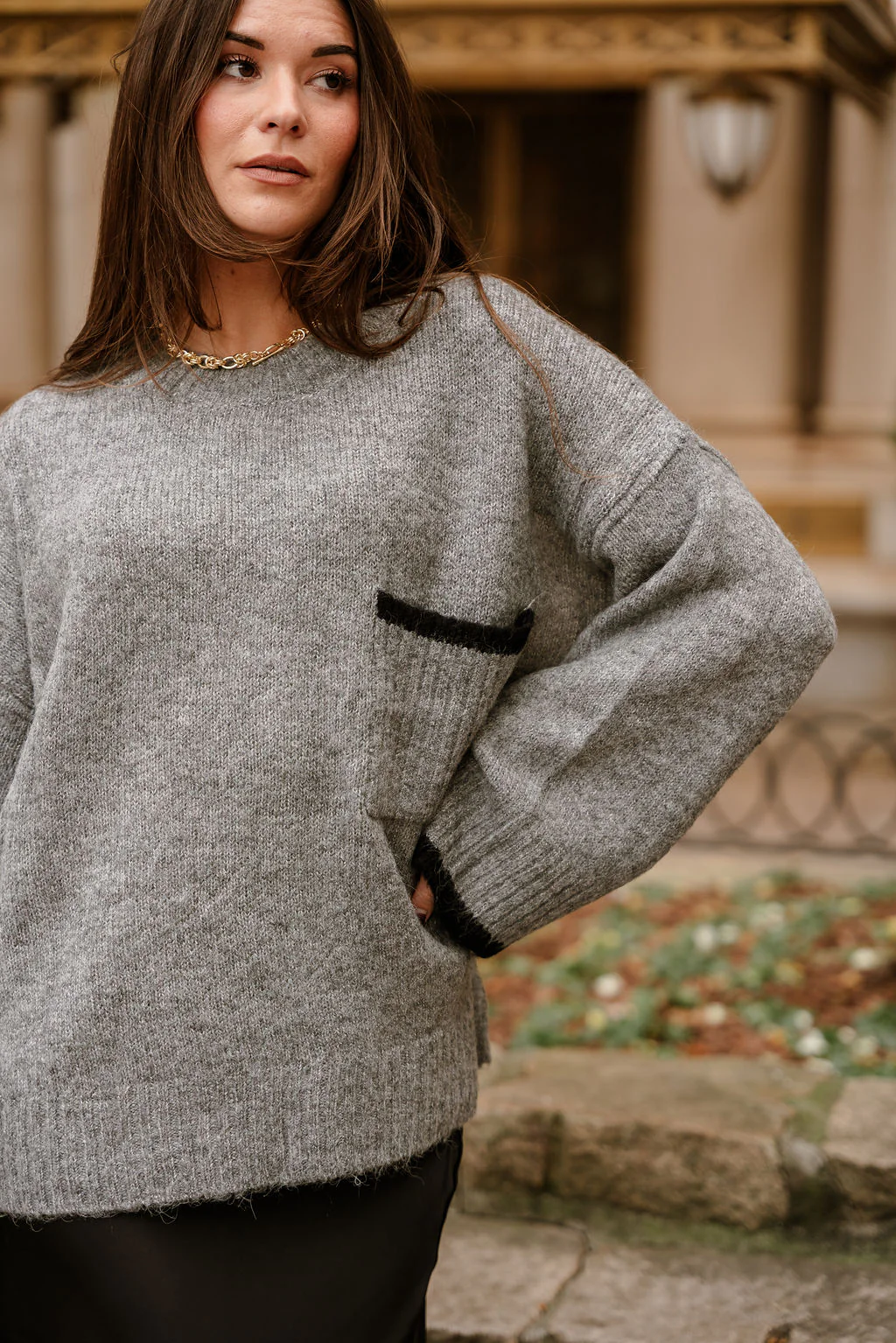 Destiny Grey & Black Pocket Sweater - Image 2