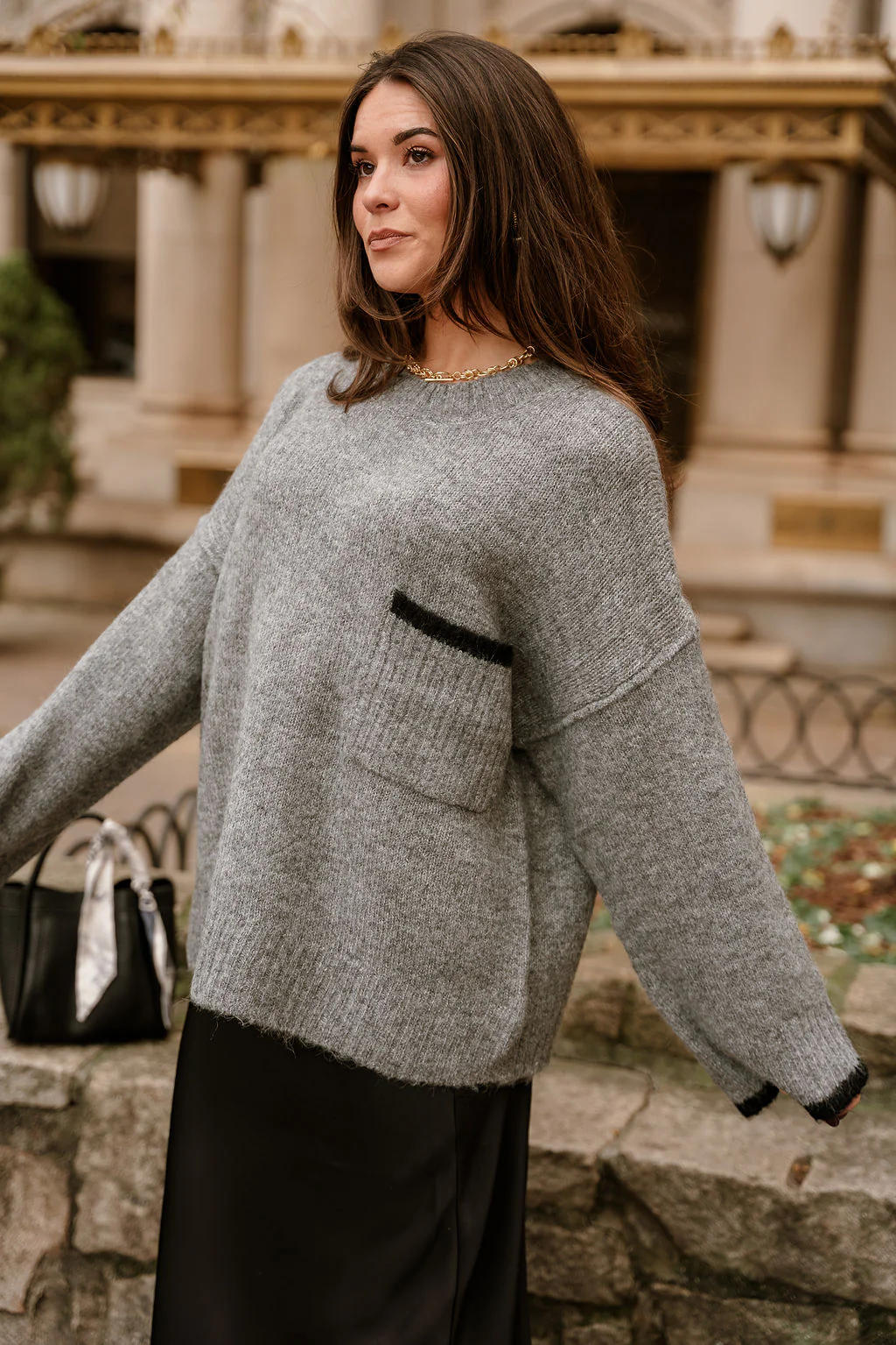 Destiny Grey & Black Pocket Sweater - Image 3