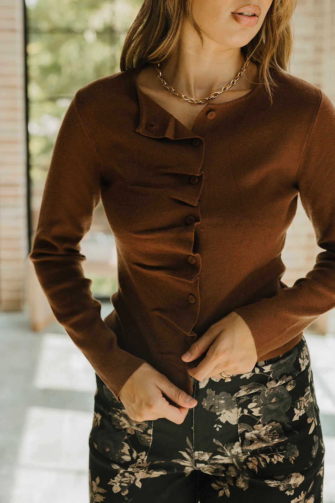Diana Brown Ruffle Button-Up Cardigan - Image 5