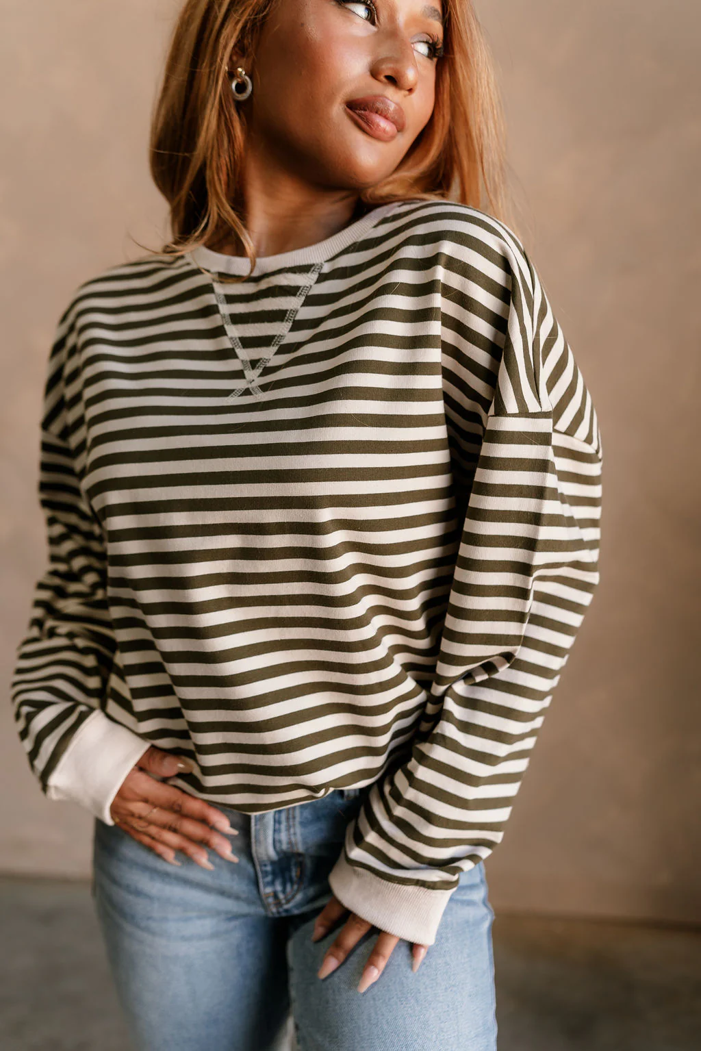 Diana Olive & Ivory Stripe Sweatshirt - Image 2