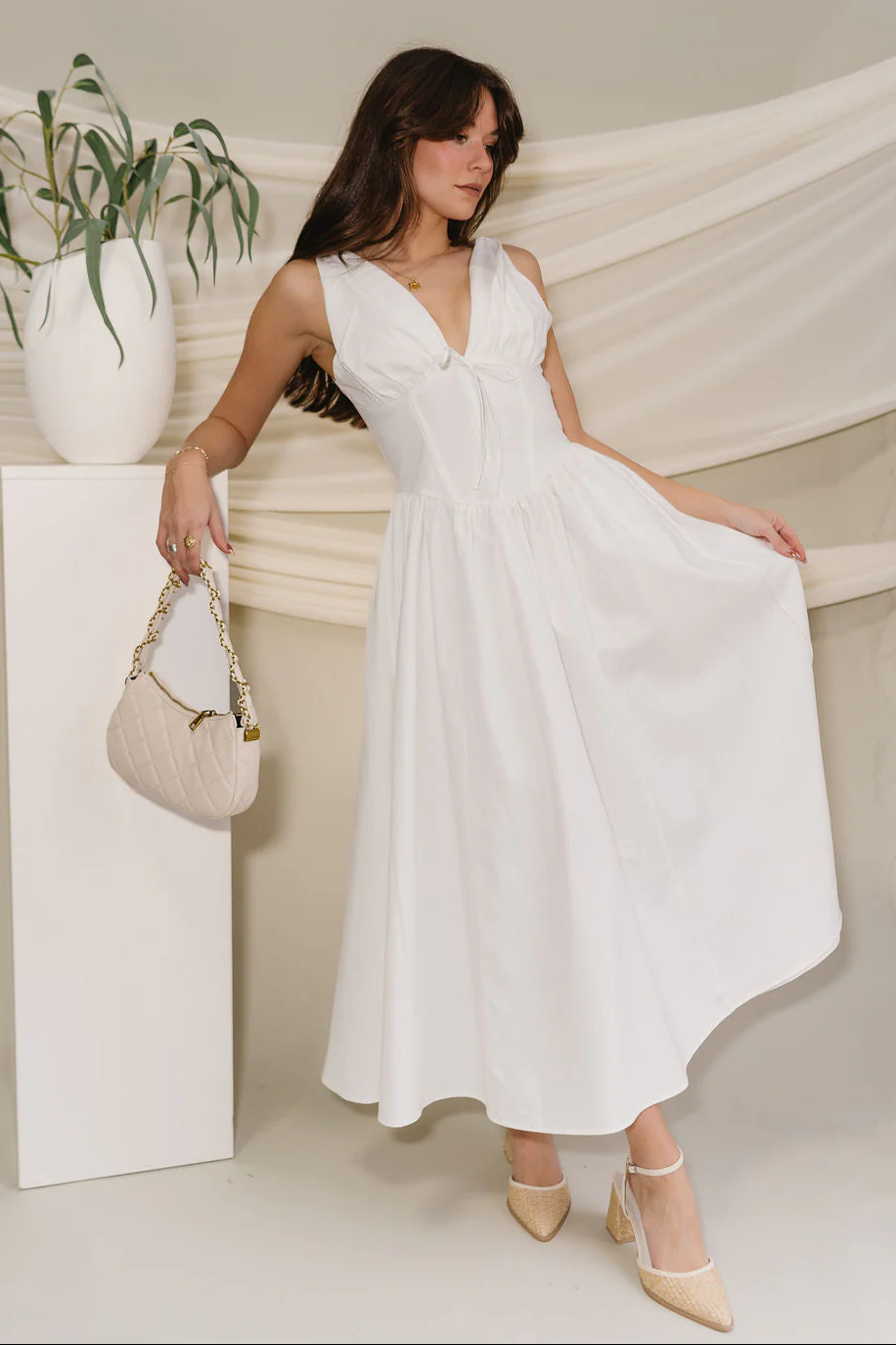 Diana White Plunge Neck Midi Dress