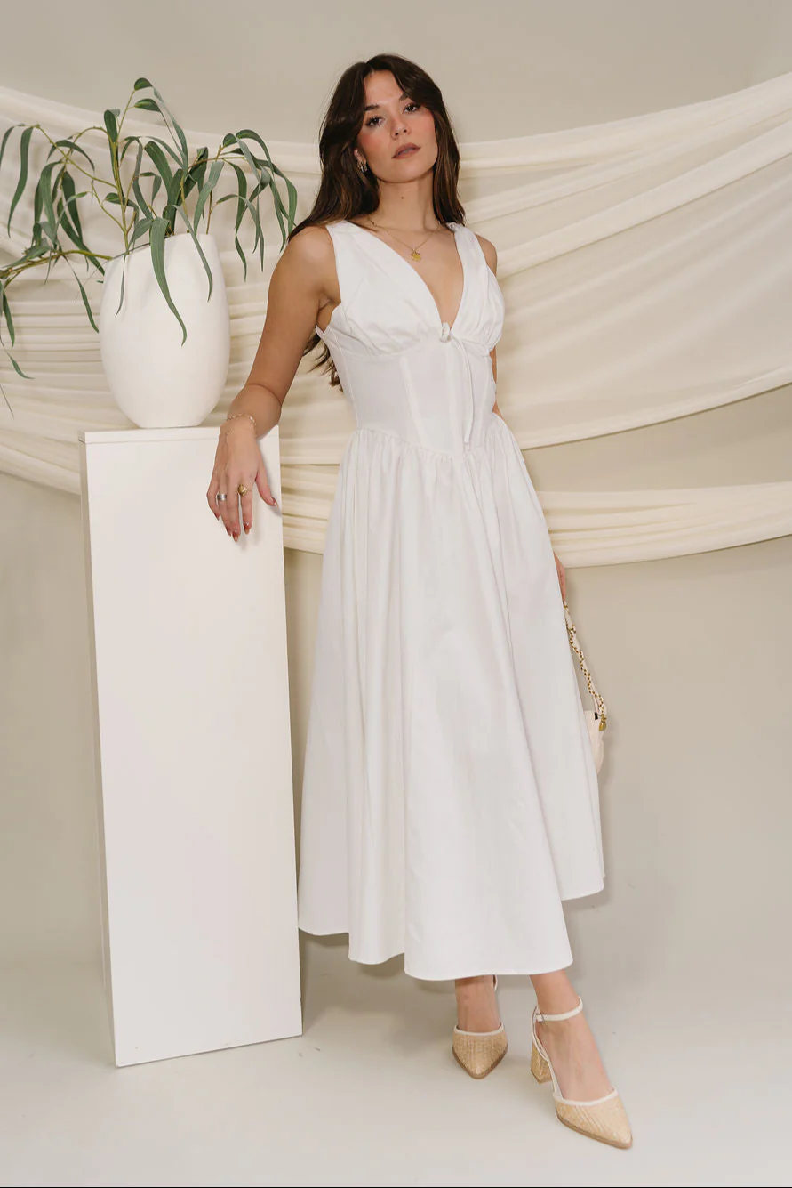 Diana White Plunge Neck Midi Dress - Image 3