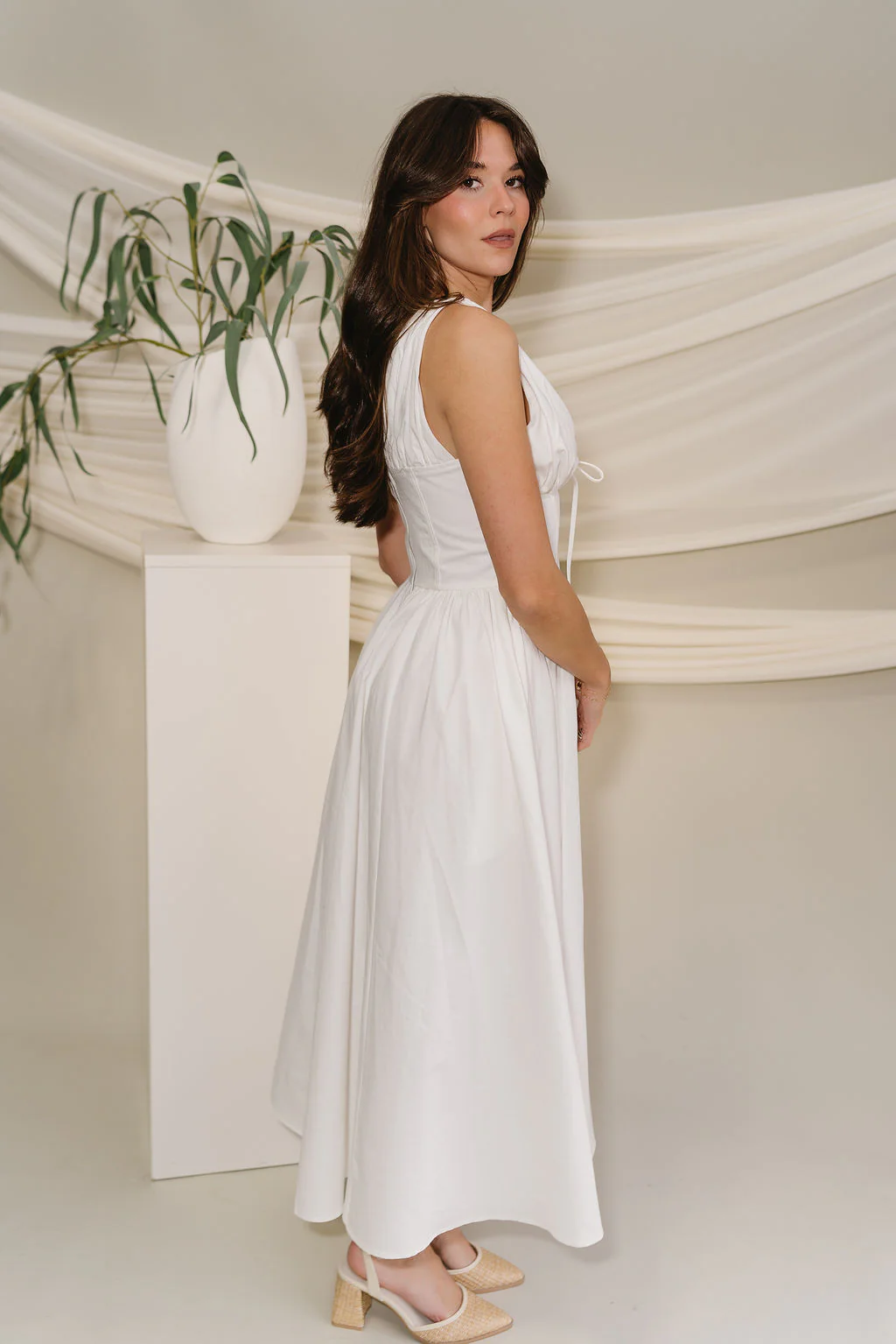 Diana White Plunge Neck Midi Dress - Image 6