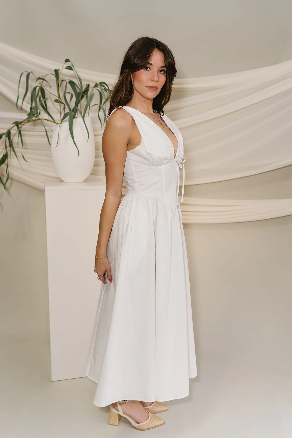 Diana White Plunge Neck Midi Dress - Image 7