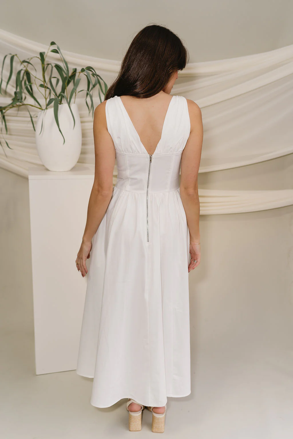 Diana White Plunge Neck Midi Dress - Image 9