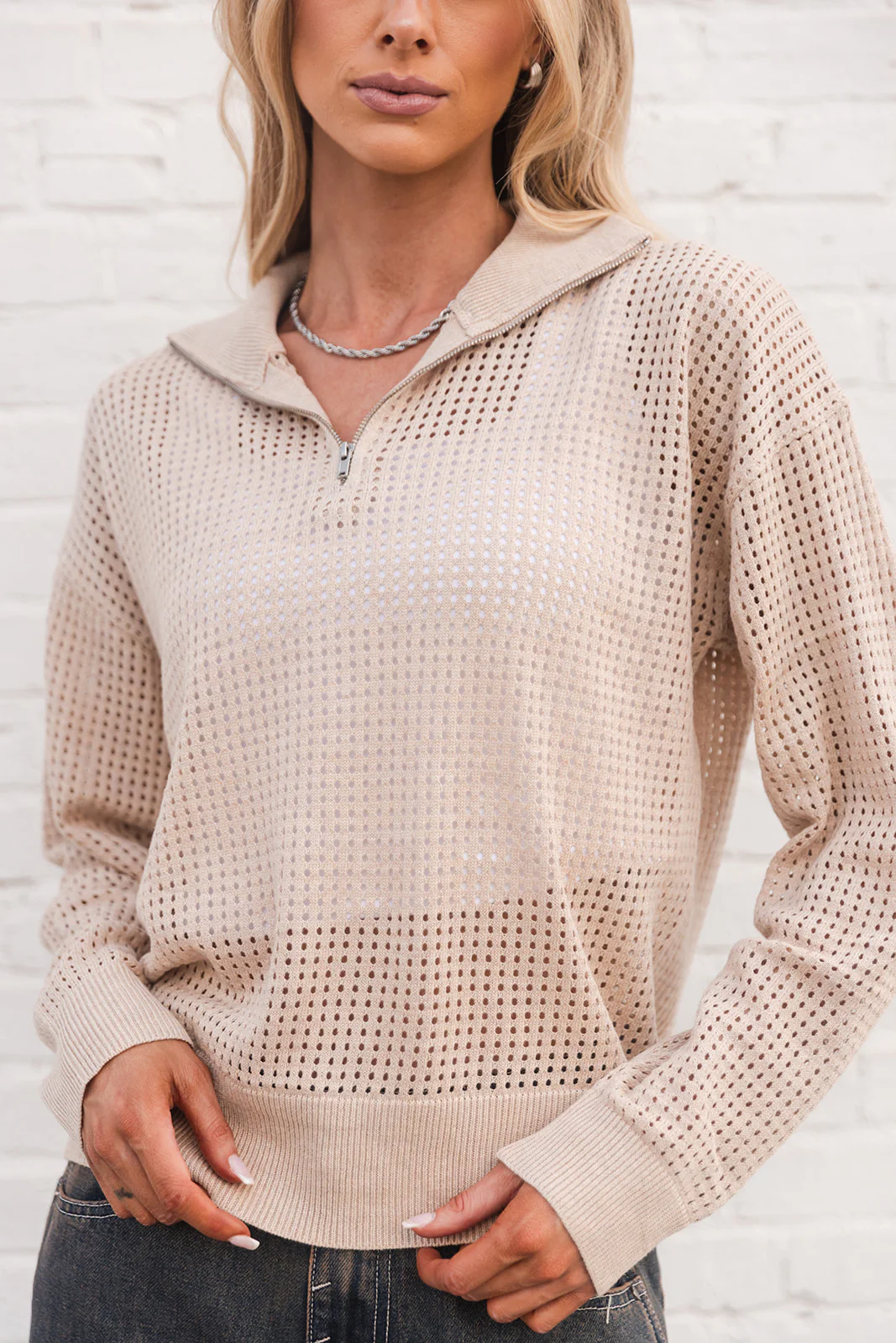 Eden Oatmeal Quarter Zip-Up Knit Sweatshirt - Image 2