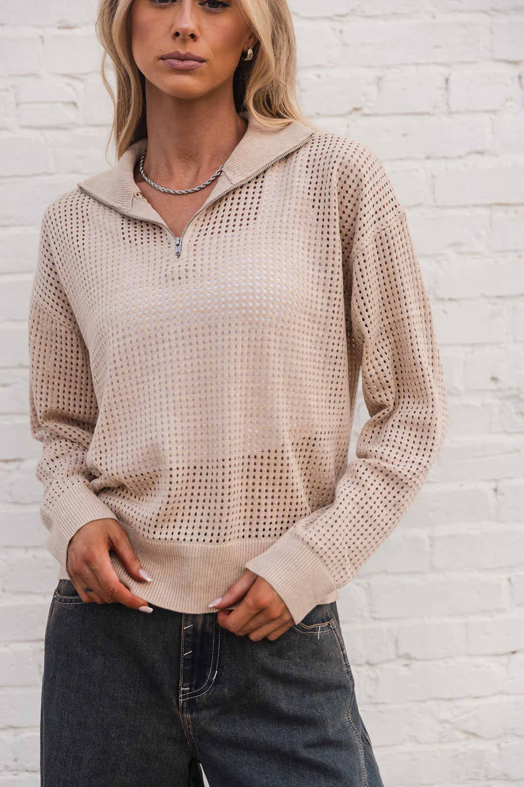 Eden Oatmeal Quarter Zip-Up Knit Sweatshirt - Image 6