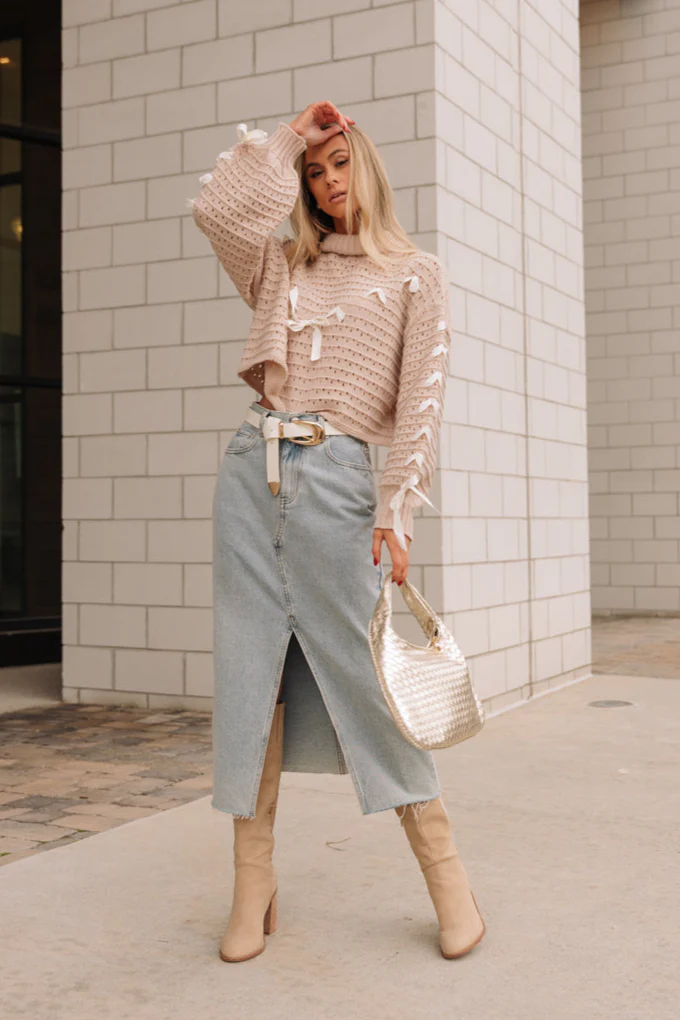 Elaina Beige & White Ties Knit Sweater
