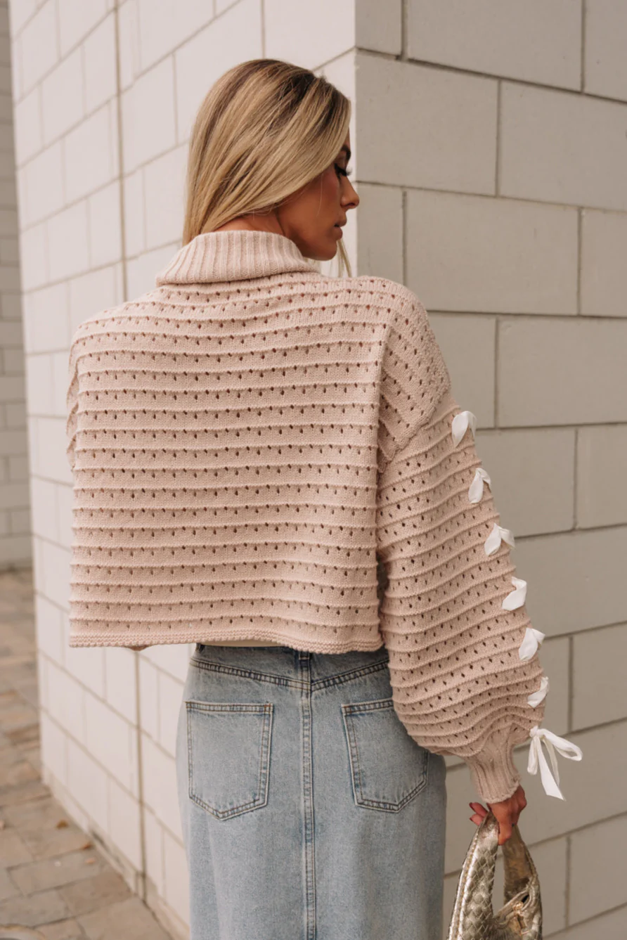 Elaina Beige & White Ties Knit Sweater - Image 4