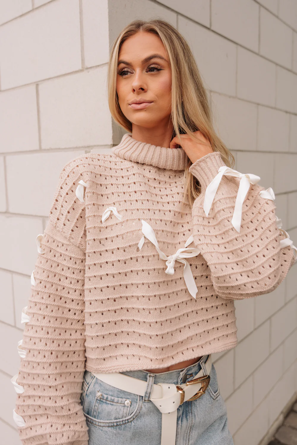 Elaina Beige & White Ties Knit Sweater - Image 5