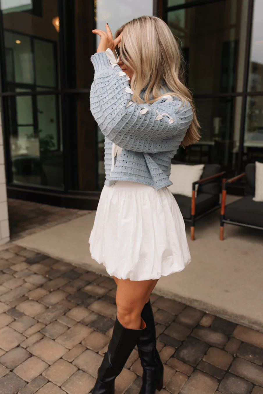 Elaina Dusty Blue & White Ties Knit Sweater - Image 8