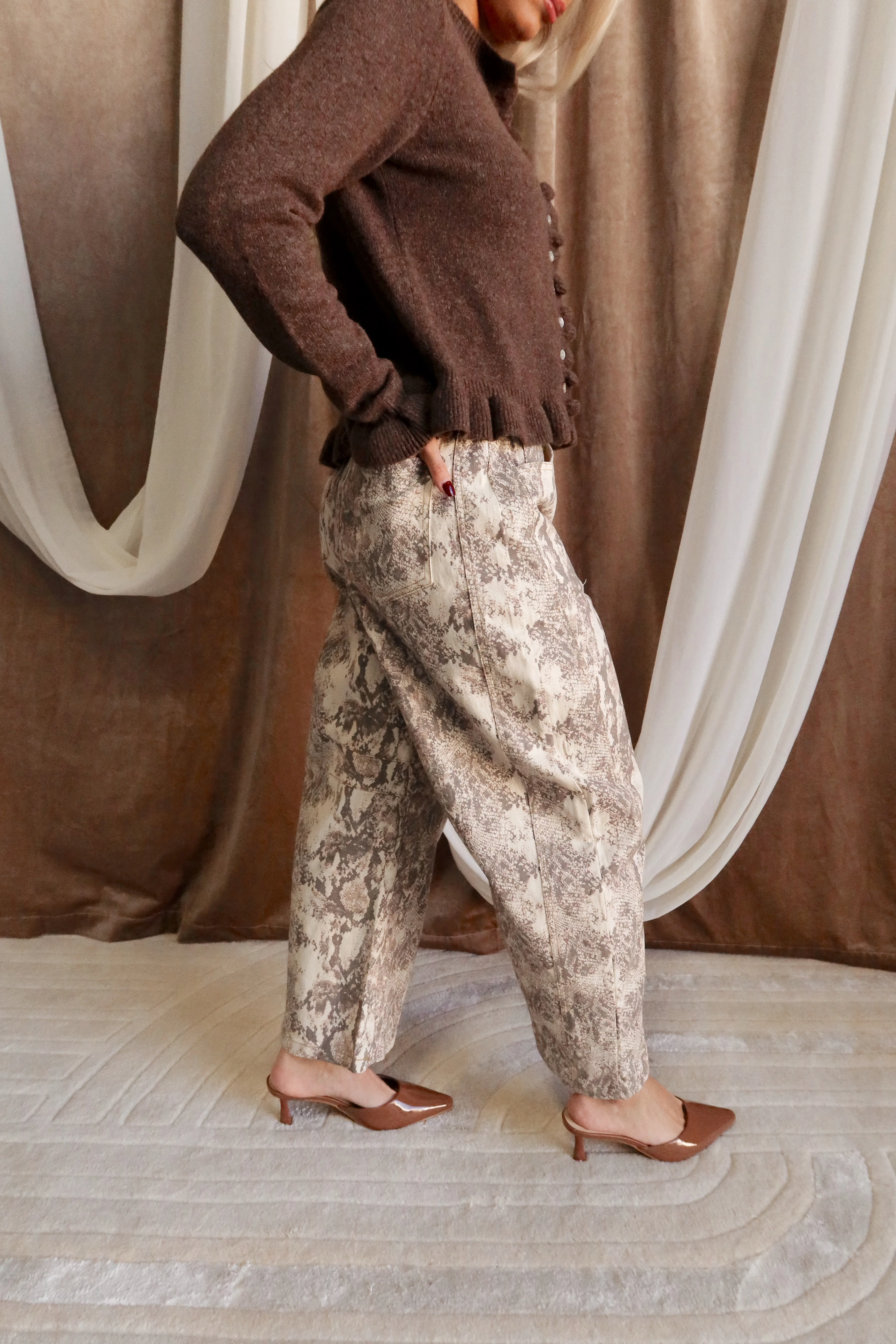 Elani Beige Snake Barrel Leg Jeans - Image 7