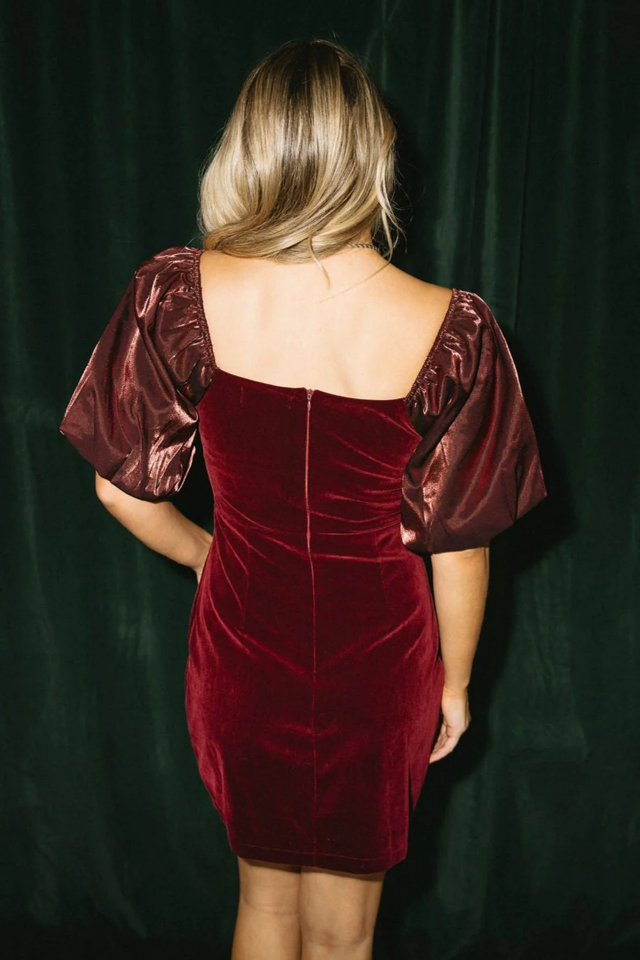 Eleanor Burgundy Velvet Puff Sleeve Dress - Image 8