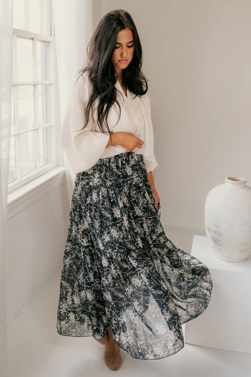 Eleanor Charcoal & White Floral Maxi Skirt