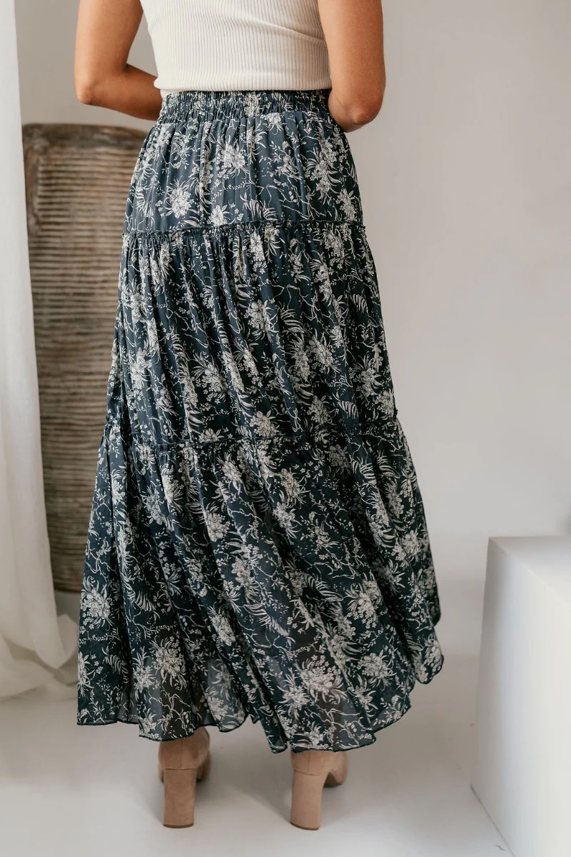 Eleanor Charcoal & White Floral Maxi Skirt - Image 6