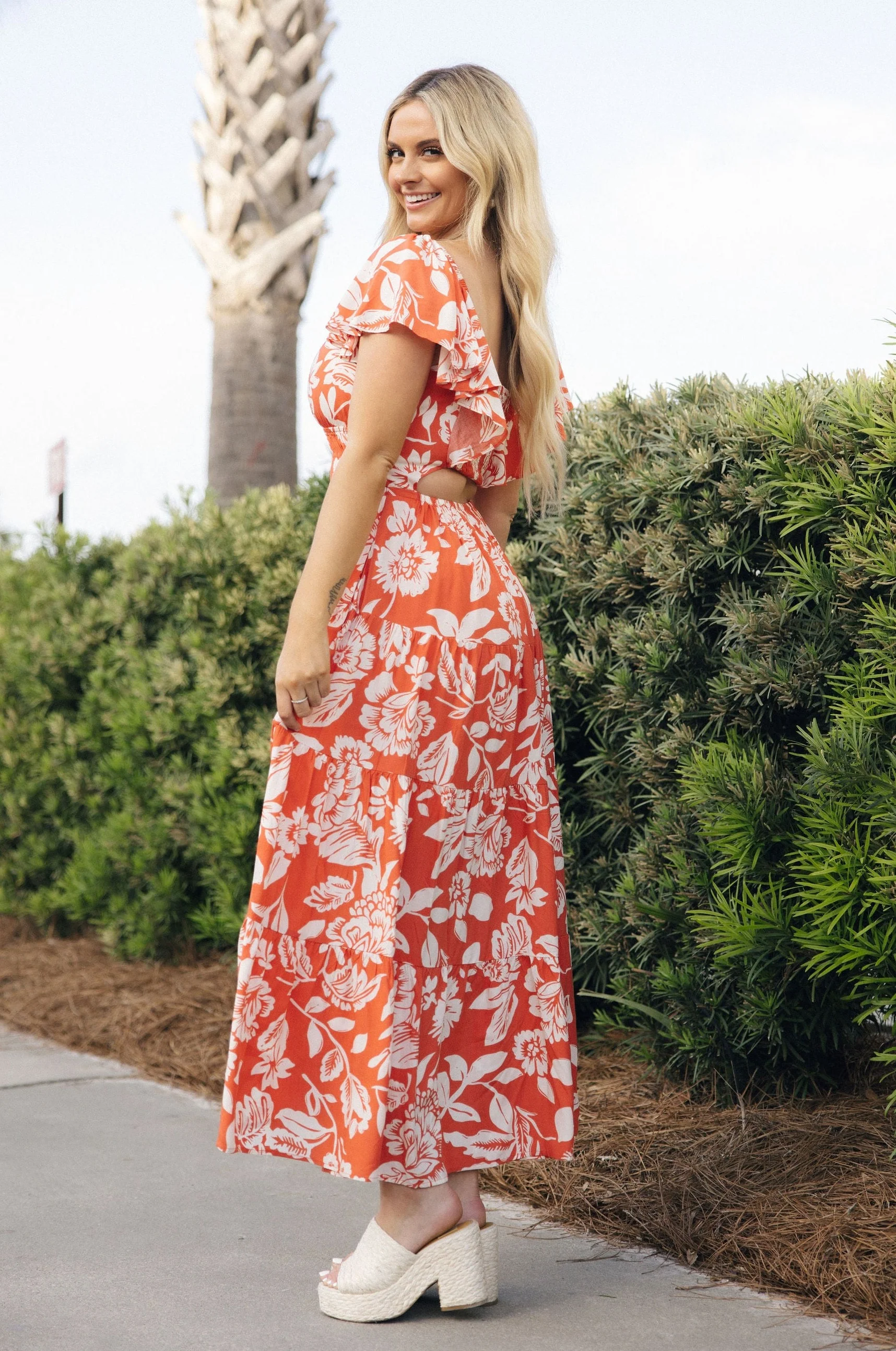 Elena Orange & Cream Floral Midi Dress - Image 3