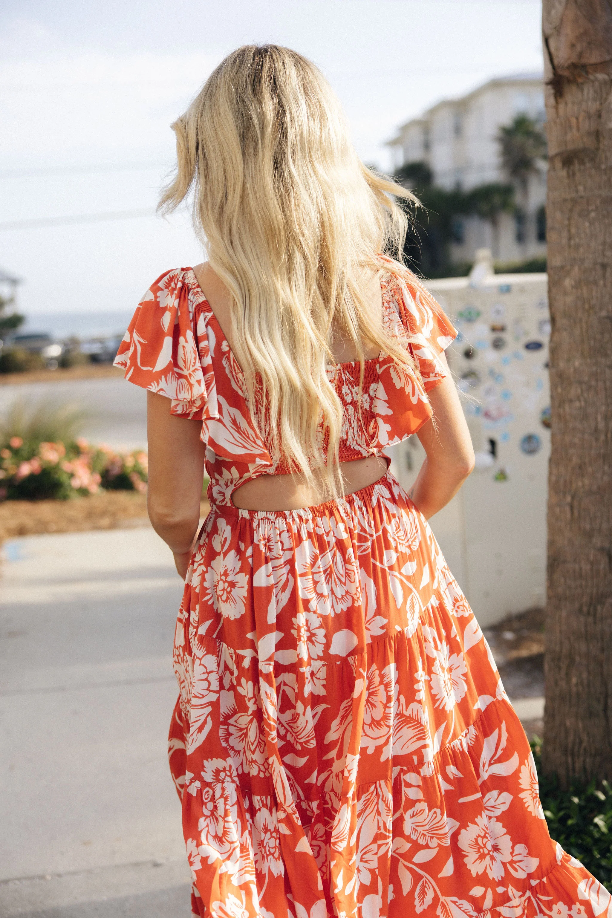 Elena Orange & Cream Floral Midi Dress - Image 4
