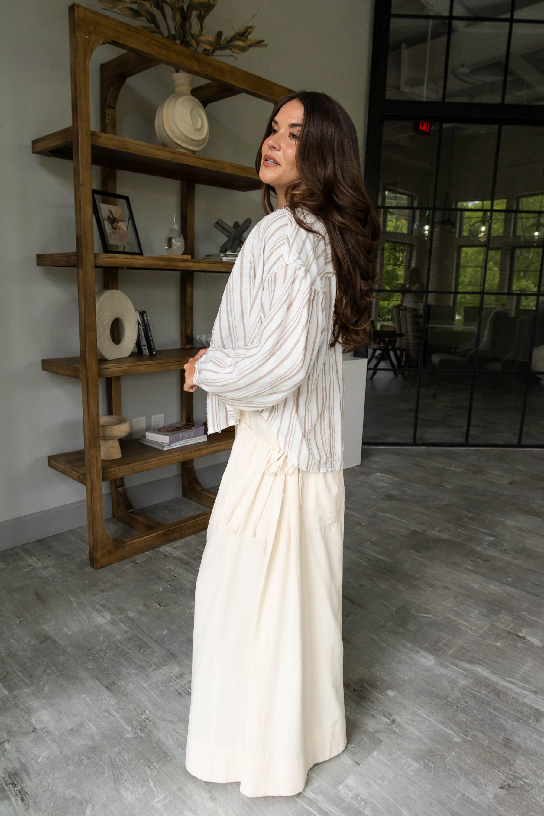 Elena Taupe & White Stripe Button-Up Top - Image 3