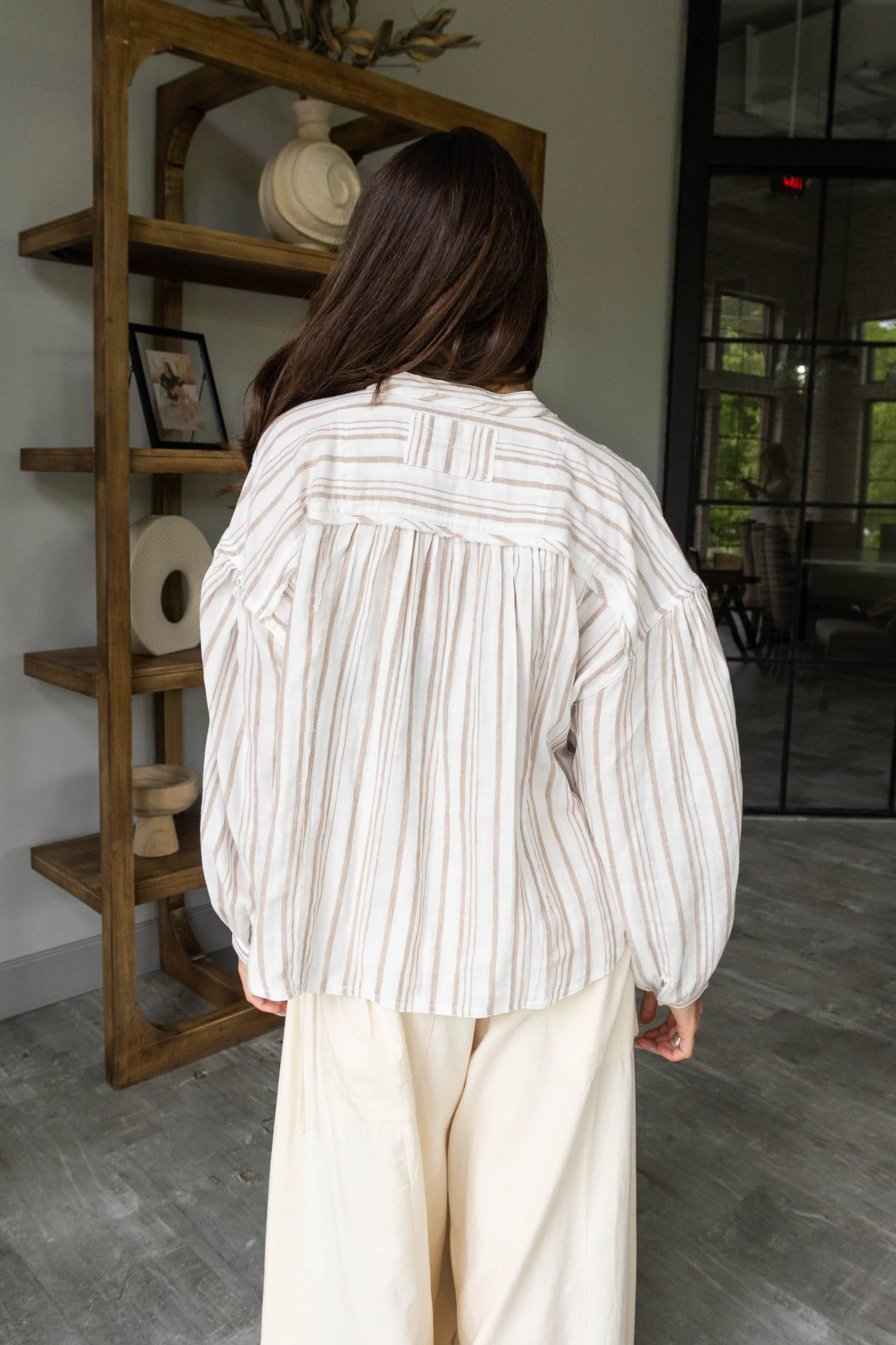 Elena Taupe & White Stripe Button-Up Top - Image 4