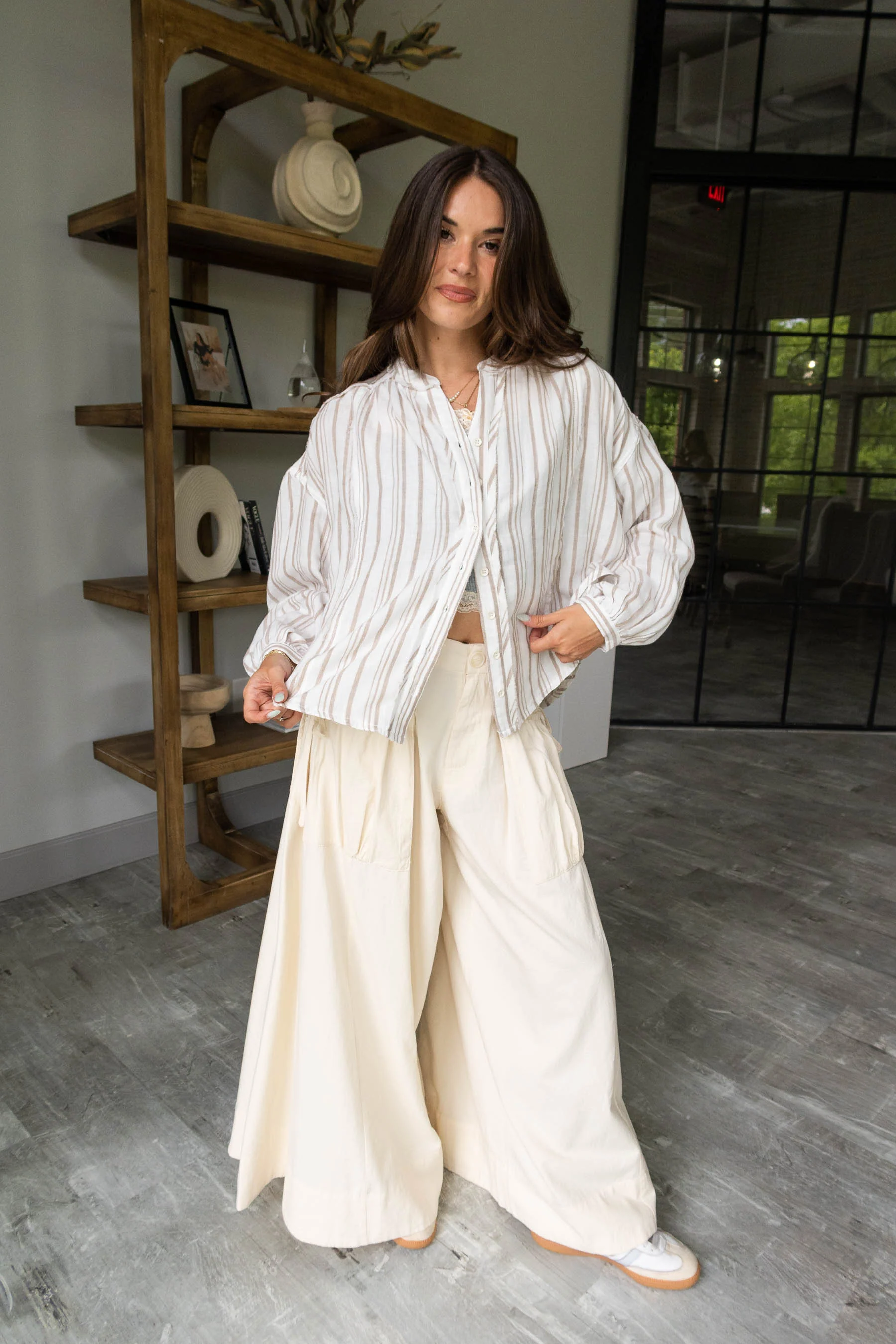 Elena Taupe & White Stripe Button-Up Top - Image 5