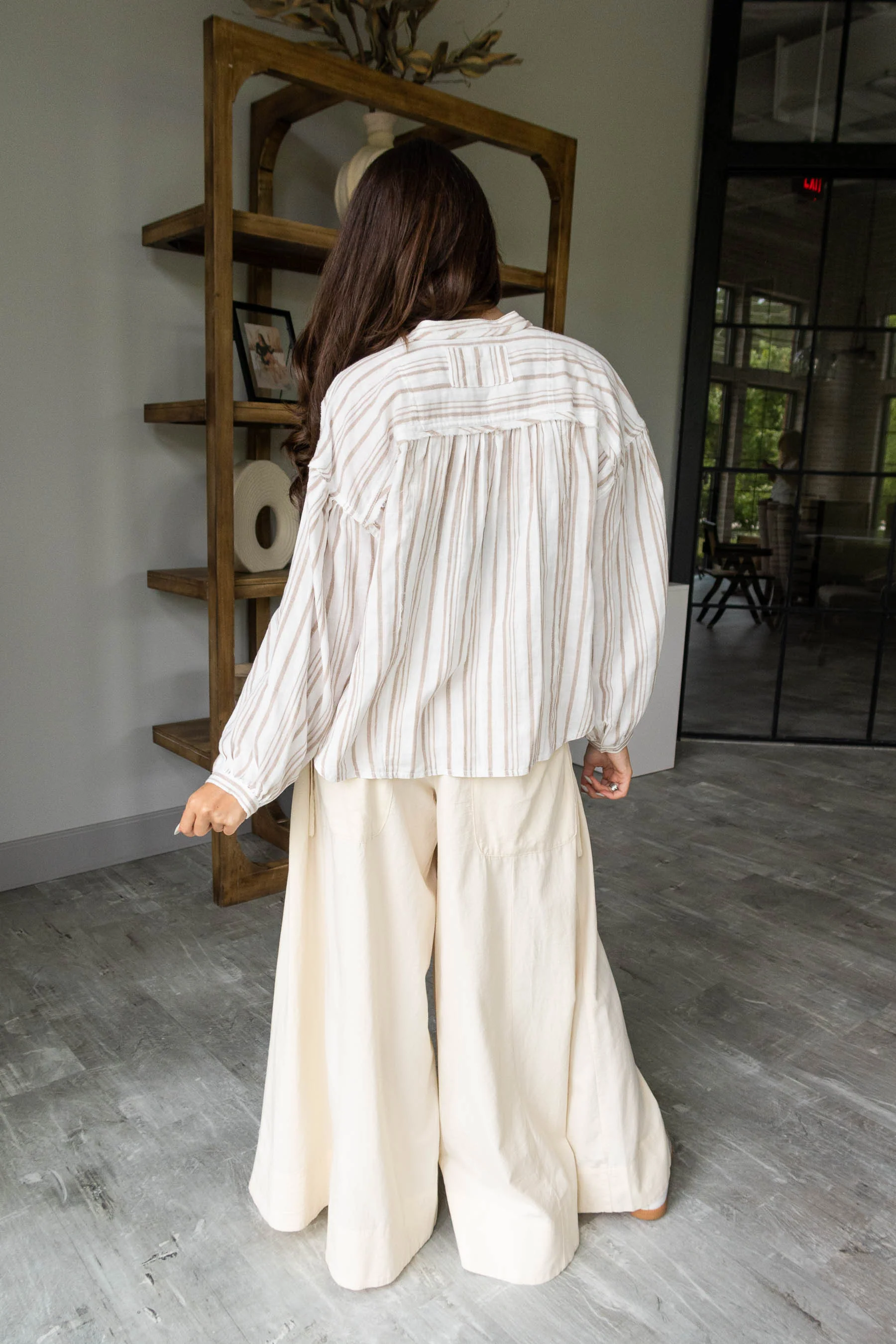 Elena Taupe & White Stripe Button-Up Top - Image 6