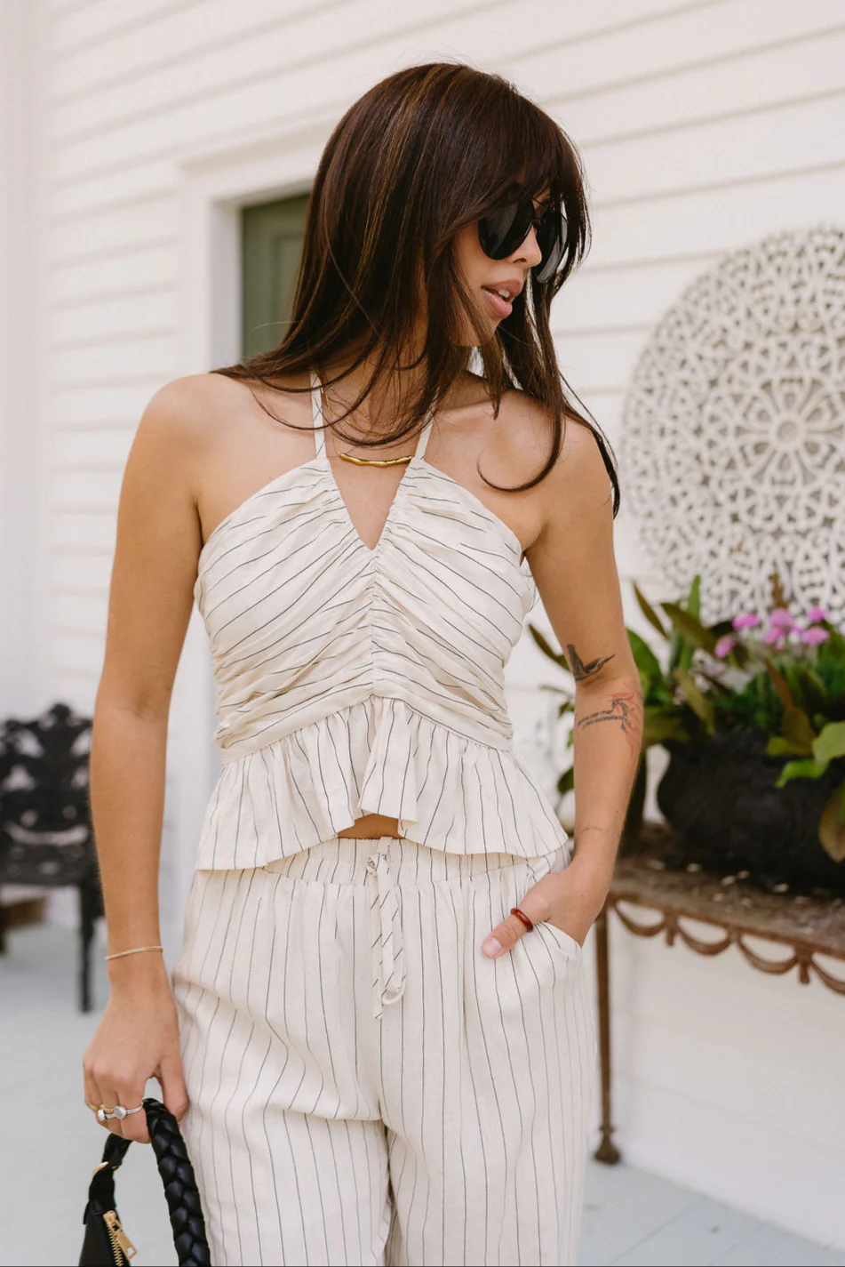 Eliana Oatmeal & Black Stripe Peplum Tank
