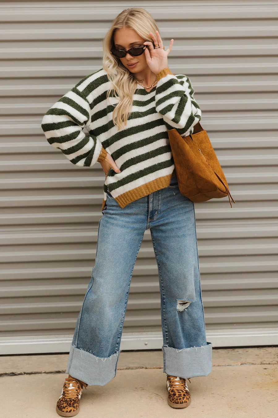 Eliana Olive Green & Ivory Stripe Knit Sweater