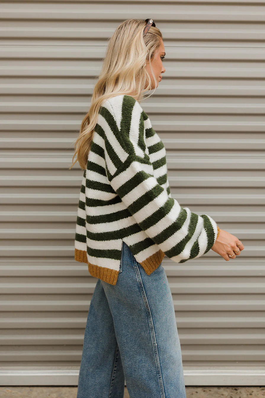 Eliana Olive Green & Ivory Stripe Knit Sweater - Image 10